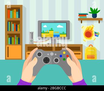 Interior of gamer room. Illustration of game controller in hands. Boy playing at video game on his console Stock Vector