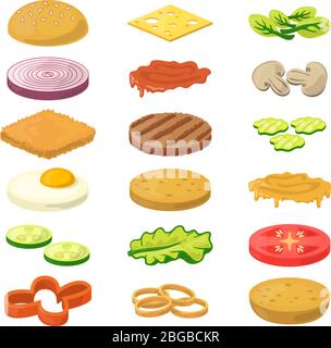 Vector illustration of different burgers ingredients in cartoon style. Fast food pictures Stock Vector