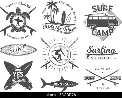 Vector elements for labels or badges. Surfing, hawaii surfboard and sea. Monochrome illustration set Stock Vector