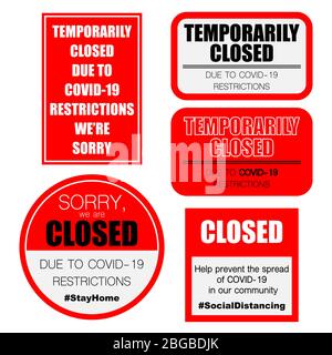 Temporarily closed red signs for coronavirus pandemic situation Stock Vector