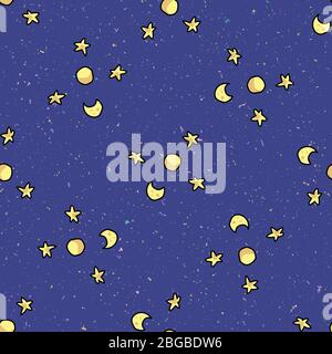 Cosmic star and moon background seamless vector pattern. Hand drawn galaxy cartoon, planets for trendy fashion prints. Child room decor, kids universe Stock Vector