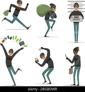 Different actions scenes with cartoon bandit. Vector mascot of thief in action poses. Illustrations of robbery or raid Stock Vector