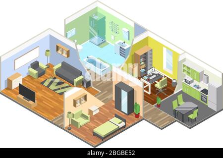 3d interior of modern house with kitchen, living room, bathroom and bedroom. Isometric illustrations set Stock Vector