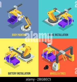 Car production phases. Automated machinery line. Industrial isometric vector illustrations Stock Vector
