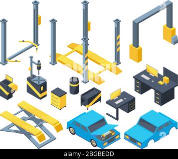 Auto service with different equipment. Mechanic tools for automobile diagnostic. Cartoon isometric illustrations Stock Vector
