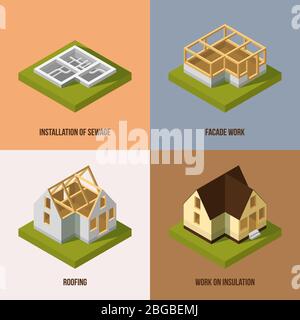 Different construction stages. Isometric vector pictures Stock Vector