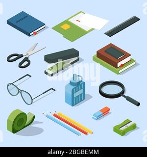 Books, paper documents in folders, and other base stationary elements set. Vector isometric office equipment Stock Vector