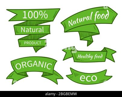 Vector natural food, eco, organic product templates, badges, labels. Hand drawn ribbons. Vector illustration Stock Vector