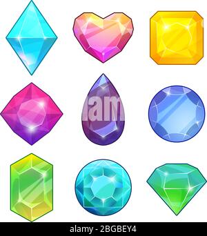 Different gemstones. Brilliants and diamonds in cartoon style. Vector illustrations for game design projects Stock Vector