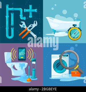 Conceptual pictures set of plumbing works. Bathroom and kitchen pipes and other specific acessories Stock Vector