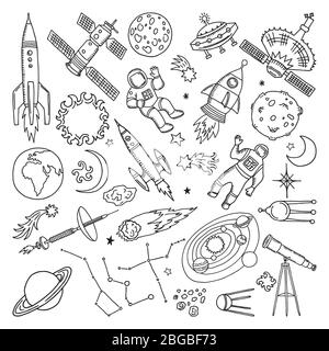 Doodle different universe elements. Planets, sun, earth and moon. Vector hand drawn illustrations Stock Vector