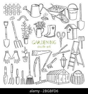 Vector hand drawn illustrations of gardening. Different doodle elements set for garden work Stock Vector