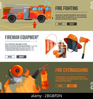 Horizontal banners set of fireman tools pictures. Firefighter in big flame. Vector illustrations with place for your text Stock Vector