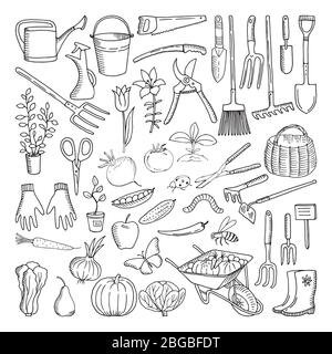 Hand drawn tools for farming and gardening. Doodle of nature environment Stock Vector