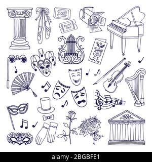 Theatre illustrations set. Opera and ballet vector symbols isolate on white Stock Vector