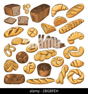 Colored hand drawn pictures of fresh bread and different types of bakery food. Baguette, croissant and others Stock Vector