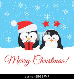 Merry Christmas card with cute penguin boy and girl with x-mas gifts - penguin in Santa Claus red christmas hat and head accessory with stars on snowy Stock Vector