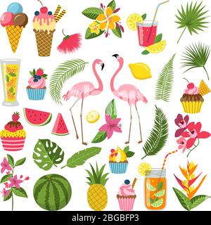 Summer time labels set for tropical party. Different icons in flat style. Drinks, watermelon, lemonade and flamingo Stock Vector