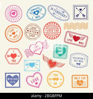 Vintage romantic postal stamps. Vector love elements for scrapbook or letters design Stock Vector