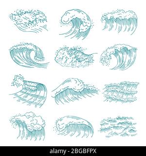 Monochrome pictures set of marine waves with different splashes. Vector illustration in hand drawn style Stock Vector