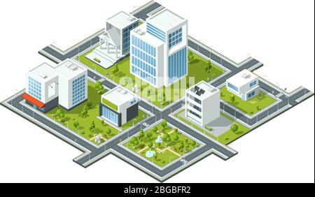 Isometric vector illustration of public constructions. Buildings and trees on 3d map fragment. Cartography picture Stock Vector