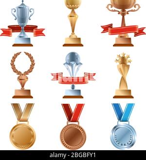 Different trophy set. Championship gold award. Golden, bronze and silver medal and cups of winners Stock Vector
