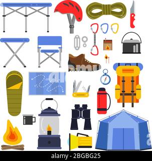 Equipment for hiking and climbing. Camping or travel vector illustrations set Stock Vector