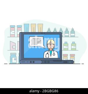 Laptop with women doctor giving consultation. Healthcare online consultation. Health and medicine service online. Buying drugs online. Line vector tre Stock Vector