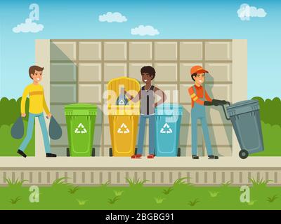 People put garbage in plastic packages of different types. Vector Stock Vector