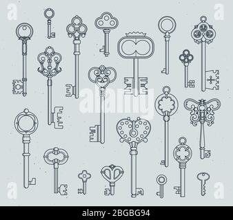 Antique keys set. Hand drawn medieval vector illustrations of old objects isolate on white Stock Vector