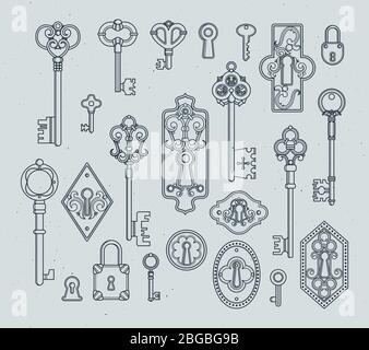 Vintage keys and padlocks for medieval doors. Hand drawn vector illustrations Stock Vector