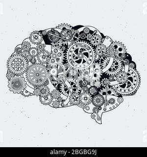 Clock mechanism in human brain. Different cogwheels of steel. Vector hand drawn illustrations Stock Vector