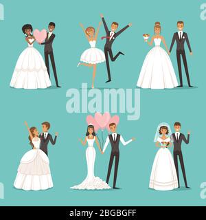 Married couple characters set. Wedding mascot design in cartoon style. Brides in beautiful clothes Stock Vector