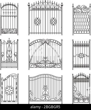 Iron gates with decorative elements. Vector monochrome pictures set Stock Vector