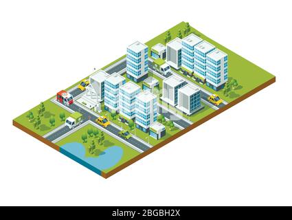 Isometric perspective city with streets, houses, skyscrapers, parks and trees Stock Vector