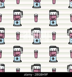 Cute blender and glass seamless vector pattern. Hand drawn kitchen appliance for smoothie and juice mixing. Beverage shake for health all over print Stock Vector