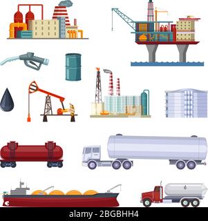 Oil exploration. Petroleum factory with platforms and terminal. Manufacturing pictures isolate on white Stock Vector