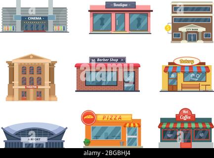 Shops and municipal buildings, mini stores and others. Vector pictures in cartoon style isolate on white Stock Vector