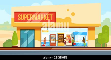 Supermarket in front view with shopping people in checkout line. Seller assistants. Vector illustration in flat style Stock Vector