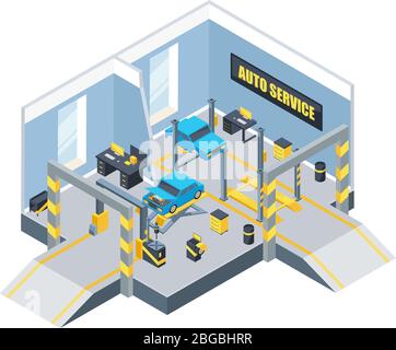 Interior of auto service with different tools and cars. Vector isometric illustrations Stock Vector