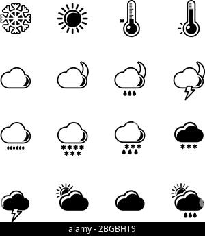 Monochrome silhouettes of weather icons set. Cloudy, sunny and rainy days. Climate visualization Stock Vector