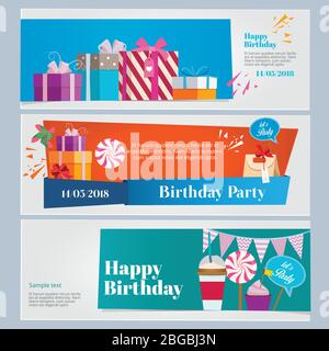 Horizontal banners set of birthday party celebration. Vector illustrations of balloon ribbons and carnival mask. Design template with place for your Stock Vector