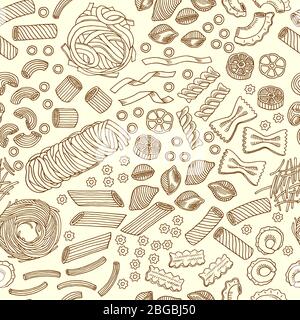 Seamless pattern of traditional italian food, pasta and macaroni. Vector hand drawn illustrations Stock Vector