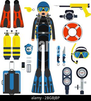 Equipment for underwater sport. Gas, scuba wetsuit and flippers Stock Vector