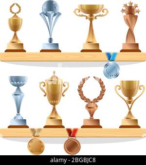 Trophy collections on the shelf. Golden, bronze and silver medals and cups. Vector awards set Stock Vector