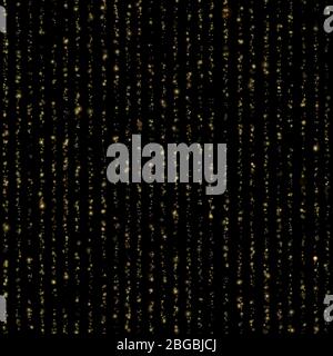 Seamless unique gold rain bokeh on black background. Sparkling lines of shimmering light blurs. Glitter threads of curtain backdrop. Holiday garland l Stock Vector