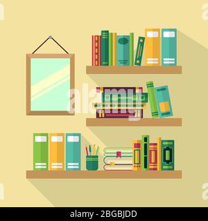 Wood bookshelf in library with different books. Vector illustrations Stock Vector