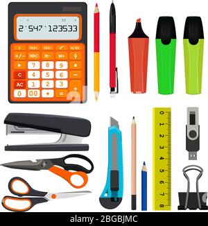 Pencils pens and other different office stationery vector illustrations set isolate on white Stock Vector