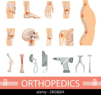 Orthopedic icons set. Human skeleton, bones and different medical accessories Stock Vector
