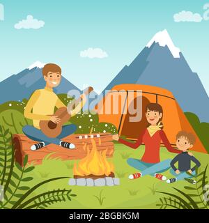 Family camping in the wood near big mountains. Nature vector background illustrations Stock Vector